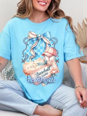 Gildan Light Blue "Play Ball" Baseball Graphic Tee